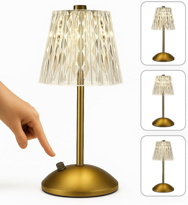 Generic Gold Crystal Table Lamp Touch Control, 3 Color Dimmable, & Rechargeable LED