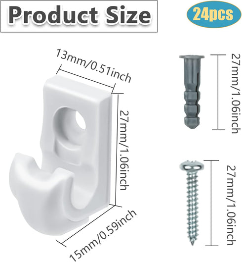 24 Pack White Down Wall Clip Closet Shelves Clips Wire Shelf Loop Clips Plastic Heavy Duty Wire Shelf Brackets Included Clips Screws and Expansion Tubes for Wire Closet Shelving