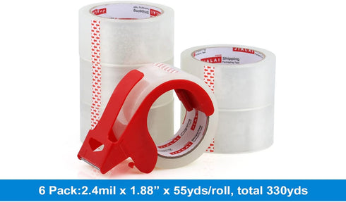 Heavy Duty Transparent Packing Tape - 6 Rolls with Refillable Dispenser, Industrial Grade for Shipping, Moving,