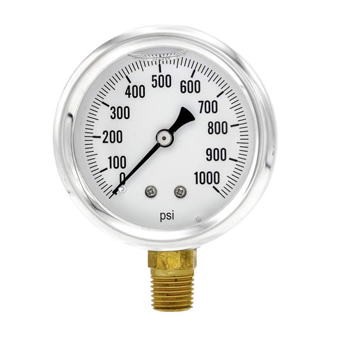 PIC Gauge S201L-254M Pressure Gauge - 0-1000 PSI, 2 1/2" Dial, Bottom Mount, Glycerin Filled, Stainless Steel