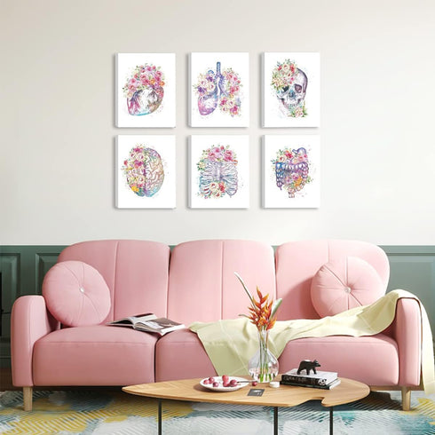 Set 6(12x16),Floral CHDITB Medical Human Anatomy Wall Art, Medical Anatomical Art of Heart Skull Medical Office Decor