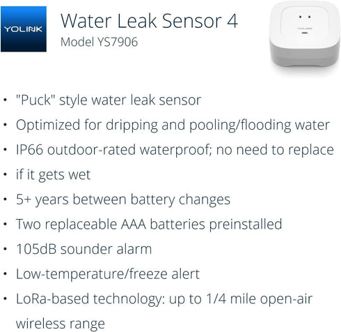 YoLink Water Leak Detector 4 with 105dB Audio Alarm, Freeze Warning, App Push, Email Alerts and Limited Text - Smart Water Sensor Alarm w/ Alexa, IFTTT - 1/4 Mile Long Range, Hub Required