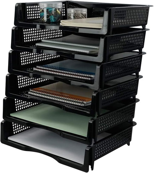 Plastic Stackable File Paper Storage Tray, Office Letter Tray, Black, 6 Pack