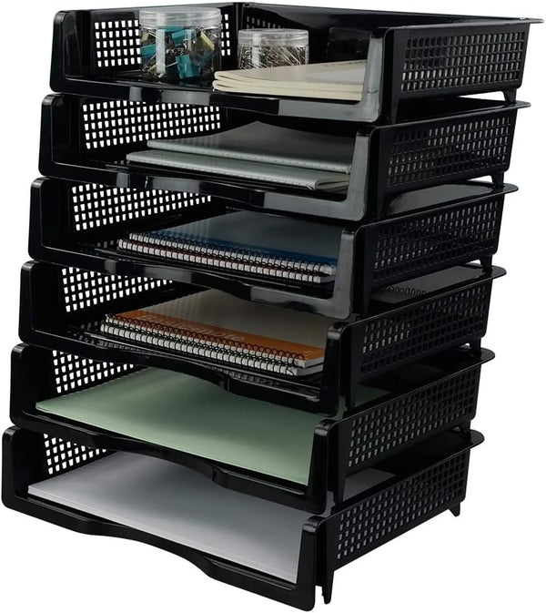 Plastic Stackable File Paper Storage Tray, Office Letter Tray, Black, 6 Pack