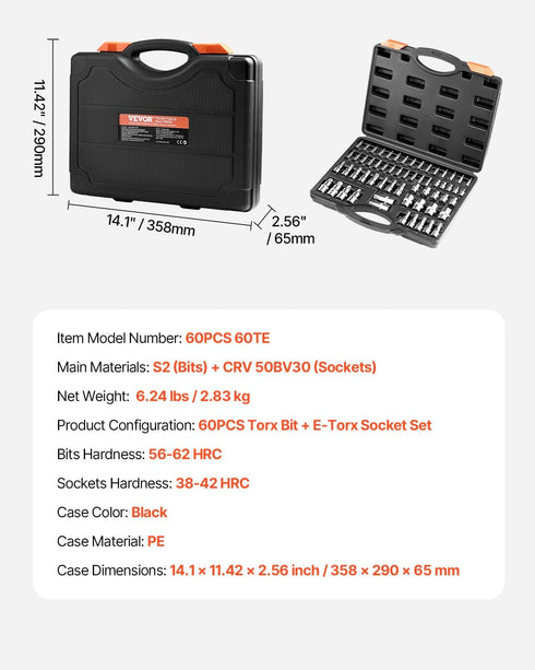 Set, 60-Piece T6-T70, TT6-TT70, TP8-TP60, E4-E24, S2 1/4 3/8 1/2 VEVOR Torx Bit Socket and External Torx Socket Alloy