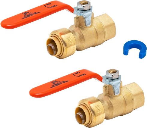 SUNGATOR 1/2 Inch PTC x 1/2 Inch FNPT Pushfit Female Ball Valve, No Lead Brass Plumbing Fittings, Pack of 2 with Clip