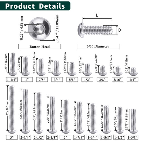 5/16-18 x 1" Button Head Socket Cap Bolts Screws, 304 Stainless Steel, Full Thread, 5 PCS
