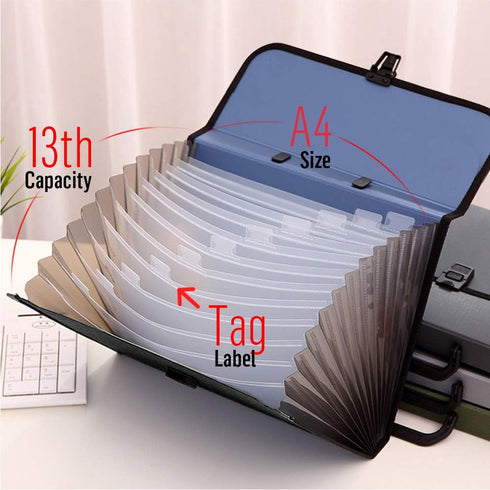 Expanding File Folder with Handle, 2019 New 13-Pocket Plastic Accordion Organizer, A4 Size Waterproof & Durable (Deep