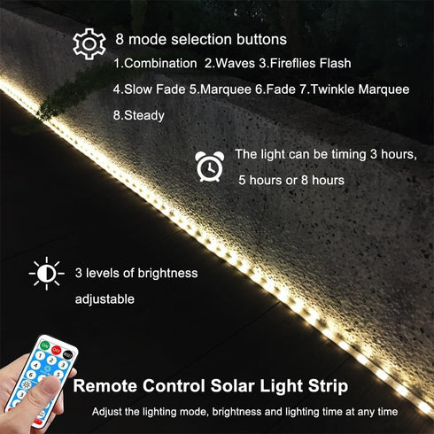 BMTJOVO Waterproof,9.8ft Remote,Timer,8 IP65 Solar LED Strip Lights Outdoor Warm White Solar Powered Strip Lights