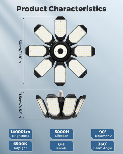 14000Lm 8 Bulb E26 Bulbs Adiding LED Garage Ceiling Lights w/ Adjustable Panels, Super Bright Deformable Basement Light