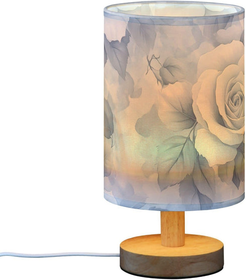 Bedside Table Lamp, Blue Flower Pattern Blue Leaves Small LED DeskLight USB Nightstand Lamp with Non Slip Wood Base