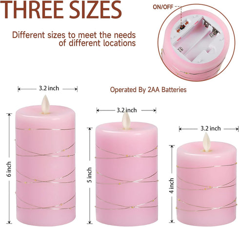 4 5 6 Set 3 Pink Flameless Candles with String Lights Battery Operated Flickering LED Pillar Candles Candle with Remote