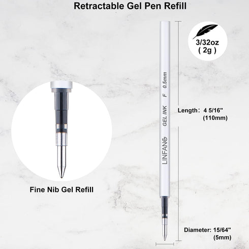 Black Gel Pens Refills, 12 Pack Retractable Gel Ink Pen Refills Bulk, Fine Point 0.5mm Tip Smooth Writing Quick Dry Gel Pen Refills for Journaling Writing School Office Supplies (12 Black) by LINFANC