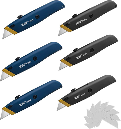 XW Retractable Utility Knife, Box Cutter Set with Quick Blade Change, Extra 10 Blades Included, 6-Pack