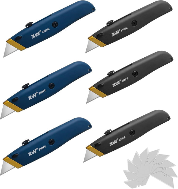 XW Retractable Utility Knife, Box Cutter Set with Quick Blade Change, Extra 10 Blades Included, 6-Pack