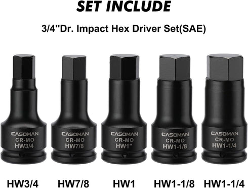 3/4 Inch Set, 5-Pieces, 3/4", 7/8", 1", 1-1/8", 1-1/4", 3/4" Set, CASOMAN Drive Impact Hex Driver SAE, Drive Master