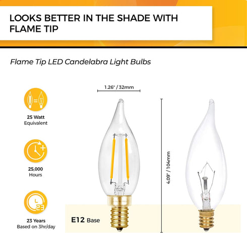 25 Bulbs, E12 Bulb Dimmable 2700K Bulbs, CA10 Bulbs, 90+ 200LM, 12 Pack Hizashi Watt Candelabra LED Soft Warm White