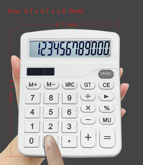 BESTWYA 12-Digit Handheld Desktop Calculator, Dual Power, Large LCD Display, Big Sensitive Button (White)