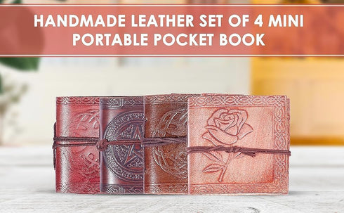 TUZECH Handmade Leather Mini Notebook, Book of Shadows, Blank Unlined, Vintage Diary, Set of 4, Rose