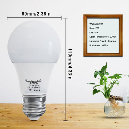 5W A19 50W Bulb E26 2700K LUXON Radar Detector Dusk to Dawn Equivalent Smart Led Lamp Lighting Indoor Outdoor Motion