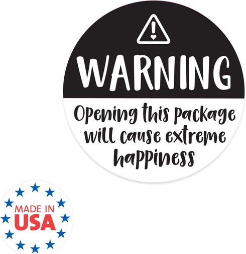 Black and White Adorable Warning Extreme Happiness Labels / 500 Cute Small Business Package Stickers / 1.5" Labels for