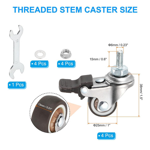 1 Inch 4 Pack 360 M6 15 mm 99 Lbs PATIKIL Mini Stem Casters Wheel with Brake, Low Profile TPR Threaded Swivel Wheel