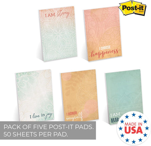 Motivational Affirmation Sticky Note Pad Assortment / Set of 5 Multicolor Note Pads / 4" x 6" / 50 Sheets Per Pad