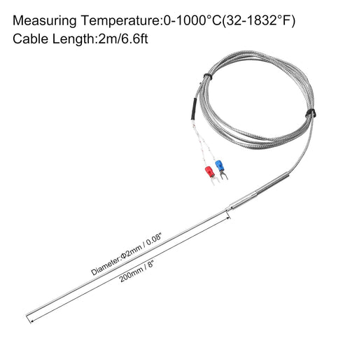 MECCANIXITY K Type Thermocouple Temperature Sensor Probe 2x200mm 6.6ft Wire 0 to 1000°C(32 to 1832°F) Stainless Steel