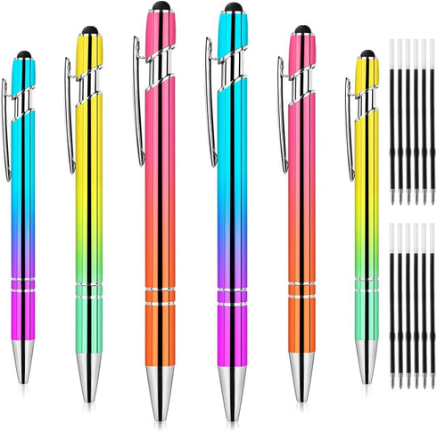 AUAUY 6PCS Ballpoint Pens, 2 in 1 Stylish Metal Stylus Pen with 12 Refills, Black Ink Medium Point