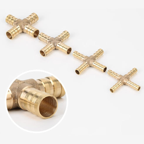 5pcs Brass Cross Fitting - 4 Way Brass Hose Barb Connector Joint for Air, Water, Oil, Gas, Fuel (6mm)