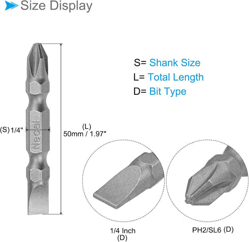 Phillips-Slotted Double Ended Screwdriver Bit, 50mm Long PH2/SL6 1/4 Inch Hex Shank, S2 Magnetic - (Applications: for Power Tool), 5-Pieces by CoCud