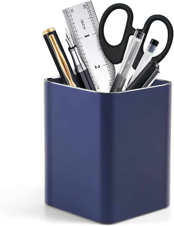 Metal Pen Holder for Desk, Square Aluminum Desktop Organizer, Makeup Brush Holder, Non-slip Silicone, 4×3.15inch, Blue