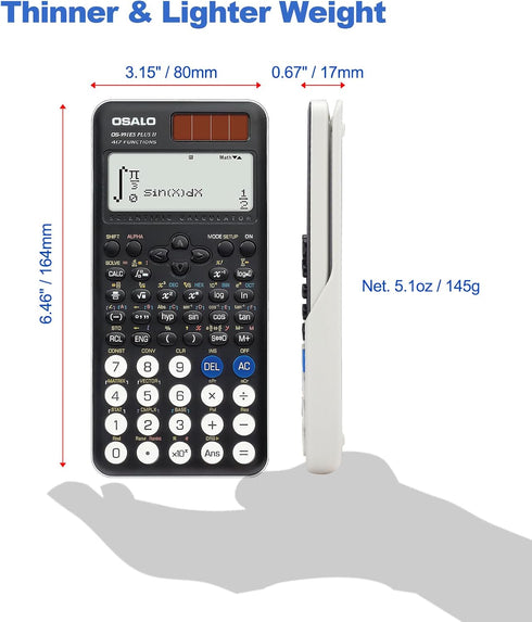 OSALO Scientific Calculator, 417 Function, 2 Line 10+2 Digits Written Display, Solar and Battery for School