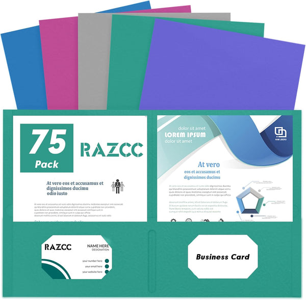 RAZCC 75 Pack Two Pocket Folders, Thick Paper File Folders for School, Office, Business, Home, Assorted 5 Colors