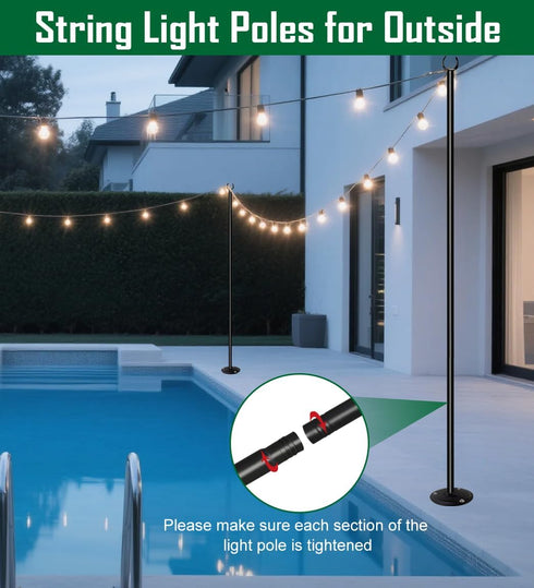 Tigerden 10ft 1 Pack String Light Pole for Hard Surfaces, Light Pole for Outdoor String Light, Perfect for Garden