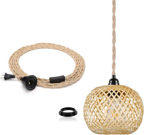 EcoGehen 15ft Boho Plug in Pendant Light Wicker Rattan Hanging Lights with Hemp Rope Cord MINI Bamboo Lampshade Wall