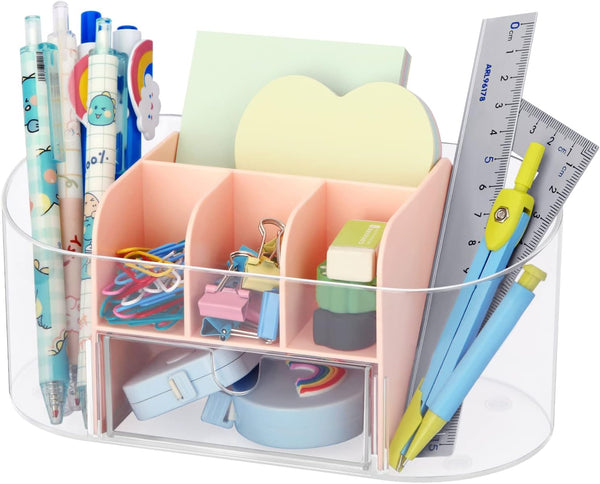 LETURE Clear Desk Organizer with Drawer, Acrylic Pen Pencil Holder for Office Supplies, Desktop Organizer (Pink)