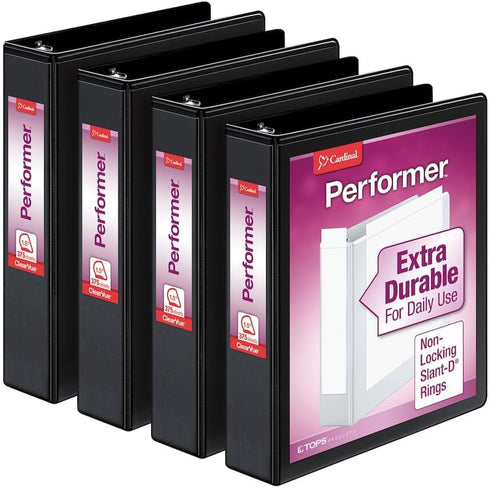 Cardinal Performer 3-Ring Binders, 1.5", Non-Locking Slant-D Rings, 375-Sheet Capacity, ClearVue Presentation, Black,