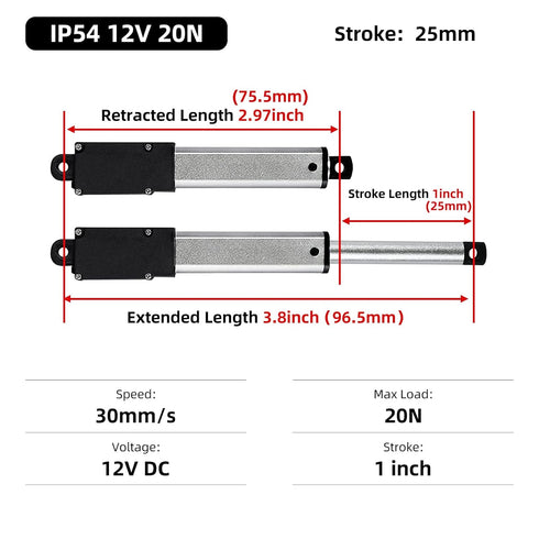 25mm 20N Mini Electric Linear Actuator 1 Inch Linear Motion Actuator 12V Actuators with Brackets for Cabinets, Robotics, Home Automation, Window Opener