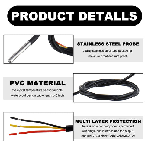BOJACK DS18B20 1M Package (Pack 2 Temperature Sensor Temperature Probe Stainless Steel Waterproof