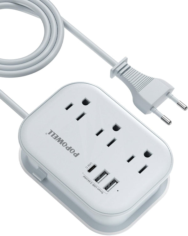 European Travel Plug Adapter USB C, Popowell International Adapter, 4 FT Power Strip with 3 Outlets & 3 USB