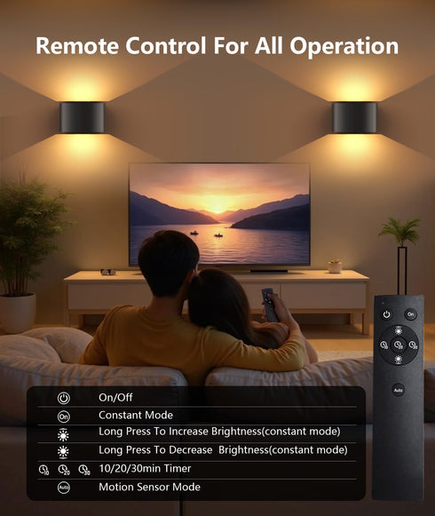 Ainostone Dimmable 2 Pack Motion Sensor Rechargeable Wall Lights Wireless Wall Sconces with Remote Control Up and Down