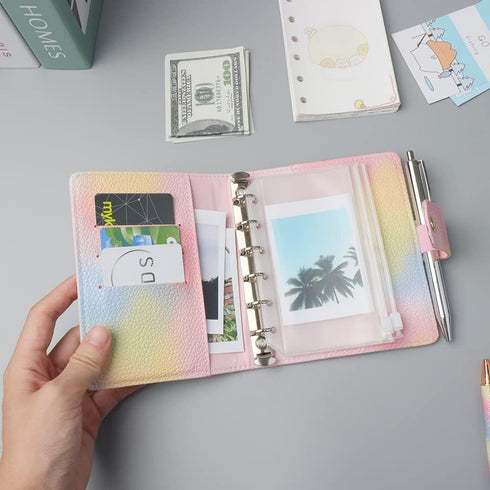Pink PU Leather Budget Binder Cover, A7 6-Ring Money Organizer, Refillable Loose Leaf Notebook