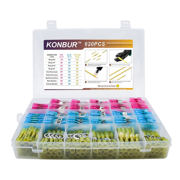 620Pcs Heat Shrink Wire Connectors - Insulated Electrical Terminals Kit, Waterproof Marine Automotive Assortment
