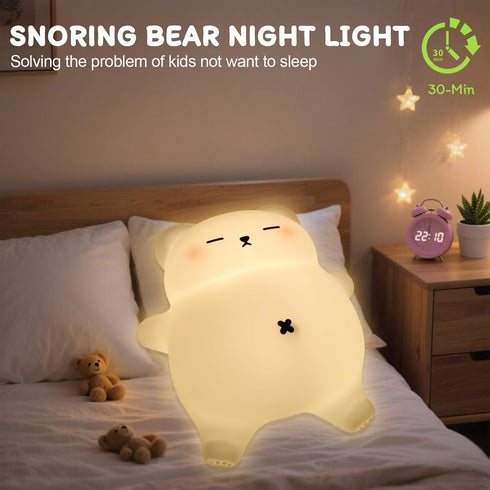 FRDEV 3-Level Dimming, 30-Min Tummy, Bear Night Light for Nursery, Rechargeable Soft Silicone Baby Night Lamp
