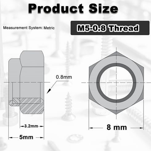Mriuuod M5 100PCS M5x0.8mm 8mm Locknuts Metric Nylon Inserted Hex Lock Nuts Self-Lock Nylon Insert Carbon Steel Self