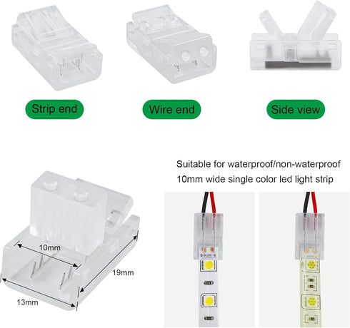 RGBZONE 10Pcs 2Pin 10mm LED Strip Connectors Unwired Gapless Solderless Strip to Wire Quick Connectors for Waterproof or Non-Waterproof Single Color SMD 5050/3528 LED Strip Lights by RGBZONE