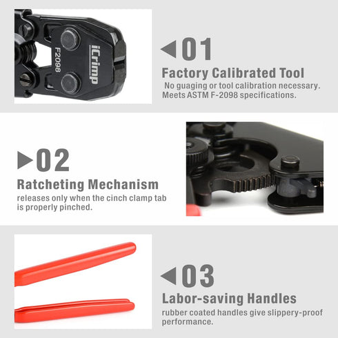 iCrimp Ratcheting PEX Cinch Tool for Fastening Stainless Clamps from 3/8-Inch to 1-Inch with Calibration Gauge