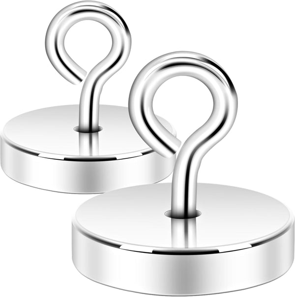 Neosmuk Magnetic Hooks, 100lb Heavy Duty Earth Magnets with Eyebolt for Hanging, Silver, 2 Pack