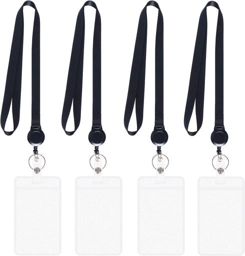 YOUOWO Lanyards Black with Retractable Badge Reel and Vertical ID Badge Holder, Waterproof (4 Pack)
